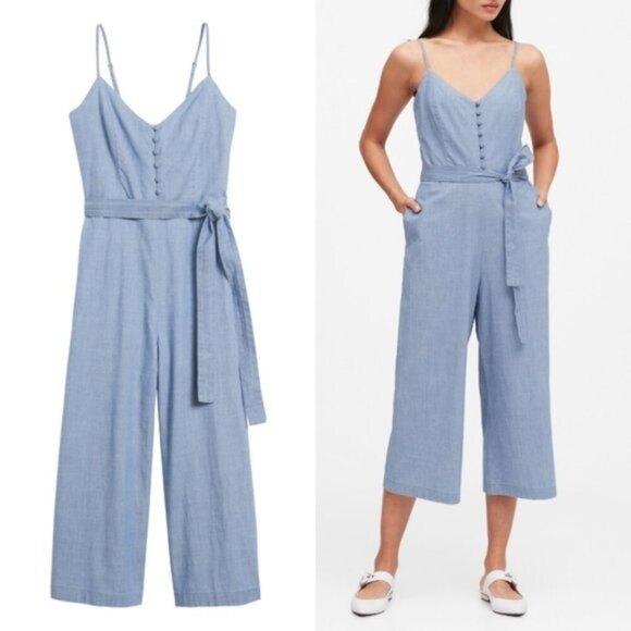 Chambray Banana Republic Button Front Tie-Waist Cropped Jumpsuit (NWT) - Picture 4 of 4